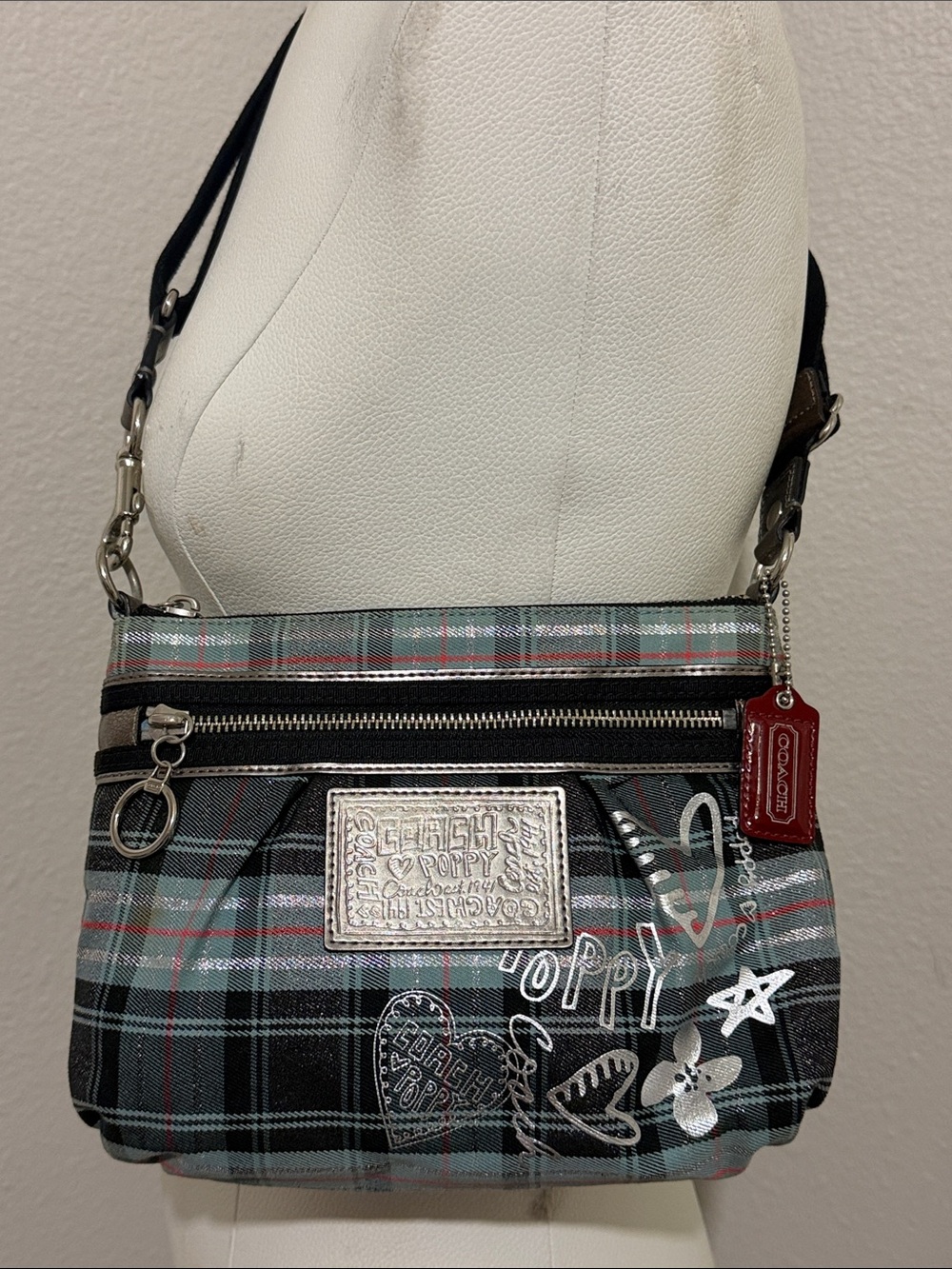 COACH POPPY Blue Plaid Silver Metallic Crossbody Graffiti Purse Vintage Y2K